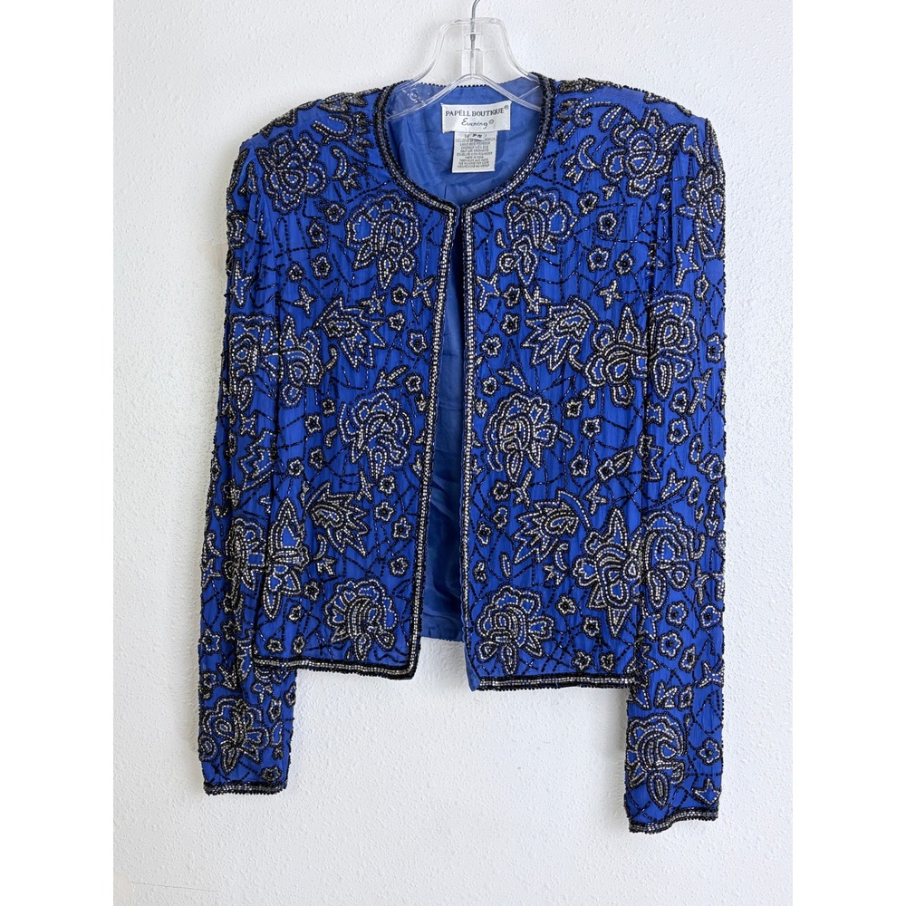 Vintage Papell Boutique Blue Silk Beaded Floral Evening Jacket Womens Petite S